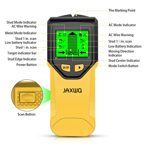 Discover safe, precise mounting with this 5 in 1 Stud Finder Wall Scanner featuring HD LCD display, front view with indicators visible.