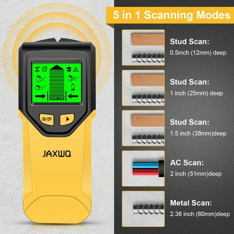 Discover safe, precise mounting with this 5 in 1 Stud Finder Wall Scanner featuring HD LCD display and scanning modes diagram.