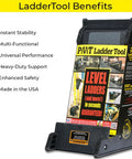 Front view of USA made 5-in-1 ladder stabilizer and leveler that also serves as a shelf, stand-off, and tool caddy on display.