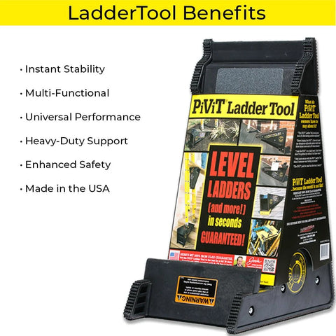 Front view of USA made 5-in-1 ladder stabilizer and leveler that also serves as a shelf, stand-off, and tool caddy on display.