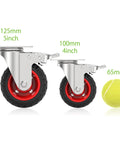5 Inch Swivel Caster Wheels Set of 4 alongside 4 Inch caster for size comparison, showcasing steel body and rubber tires.