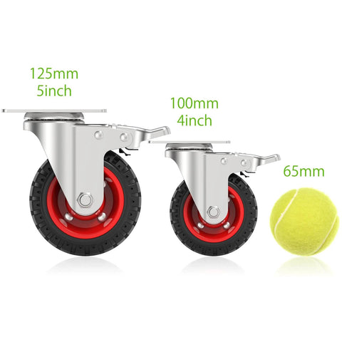 5 Inch Swivel Caster Wheels Set of 4 alongside 4 Inch caster for size comparison, showcasing steel body and rubber tires.