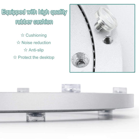 Close-up of 5 Inch Heavy Duty Aluminum Lazy Susan Ball Bearing Turntable with non-slip feet and rubber cushion for noise reduction.