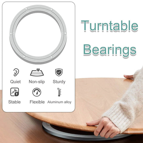 5 Inch Heavy Duty Aluminum Lazy Susan Ball Bearing Turntable base with hand demonstrating rotation, showing quiet, non-slip features