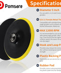 5 Inch Hook And Loop Pad For Angle Grinder With 5 8 11 Threads and specifications including diameter, threads, and max RPM.
