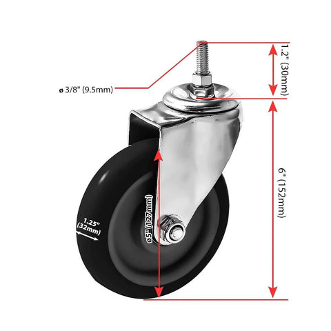 5 Inch Black Caster Wheel No Brake With Three Eighths To One Point Two Inch Threaded Stem Mount Industrial Grade Polyurethane Wheel