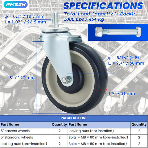 5 Inch Shopping Cart Wheels Replacement Kit Four Pack With Two Stemless And Two Stem Threaded Casters And Hardware In Blue For Retail Stores And Supermarkets Premium Quality Casters For Smooth Maneuverability Includes Locking Nuts And Bolts