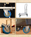 Heavy Duty Five Inch Blue Caster Wheel With Dual Locking Brake installed on equipment and workbench in use