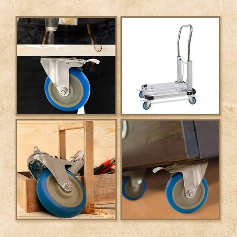 Heavy Duty Five Inch Blue Caster Wheel With Dual Locking Brake installed on equipment and workbench in use