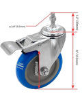 Heavy Duty Five Inch Blue Caster Wheel With Dual Locking Brake For Three Eighths To One Point Two Inch Threaded Stem Mounts