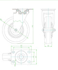 Technical drawing of 5 Inch Swivel Caster Wheels Set of 4 with Brakes, showing dimensions and design details.