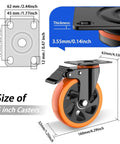 Dimensions and features of 5 inch heavy duty caster wheels set of 4 rated 2400 lb total with locking swivel plate brakes stainless steel frame