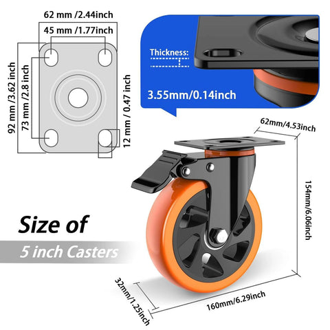Dimensions and features of 5 inch heavy duty caster wheels set of 4 rated 2400 lb total with locking swivel plate brakes stainless steel frame