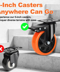 5 Inch Heavy Duty Caster Wheels Set of 4, Silent Swivel Casters with Brakes, shown on staircase for furniture and carts