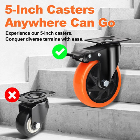 5 Inch Heavy Duty Caster Wheels Set of 4, Silent Swivel Casters with Brakes, shown on staircase for furniture and carts