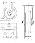 Technical drawing of Heavy Duty 5 Inch Caster Wheels Set Of Four Non Marking Premium Commercial Grade With Two Rigid and Two Swivel Brakes