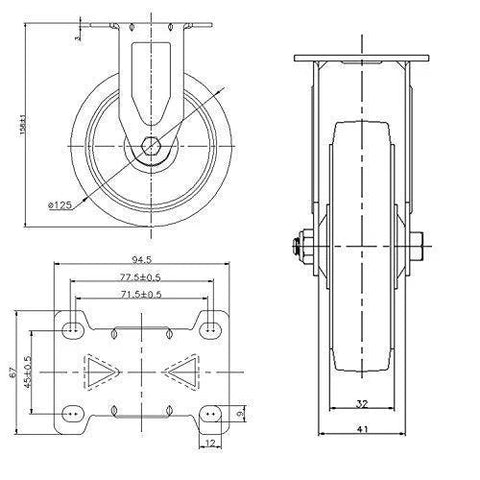 Technical drawing of Heavy Duty 5 Inch Caster Wheels Set Of Four Non Marking Premium Commercial Grade With Two Rigid and Two Swivel Brakes
