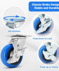 Close-up of 5 inch heavy duty caster wheels set of 4 rated 3500 lb total with smooth rolling design, showing brake mechanism details.