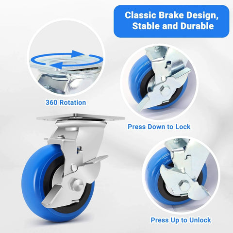 Close-up of 5 inch heavy duty caster wheels set of 4 rated 3500 lb total with smooth rolling design, showing brake mechanism details.