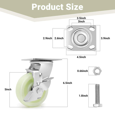 Product size diagram for Heavy Duty Caster Wheels 5 Inch - 3500 LBS, set of 4, PP Plate with Double Ball Bearings.