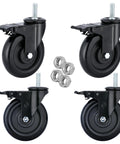 Set of four black five inch stem caster wheels with dual locking brakes and nuts, heavy duty 1500 pound capacity, for carts and equipment.