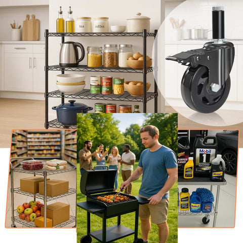 5 Inch Heavy Duty Expanding Stem Casters For Stainless Steel Prep Tables And Carts Fits Tube Legs 7/8 To 1-5/8 Inch, black caster wheel detail.