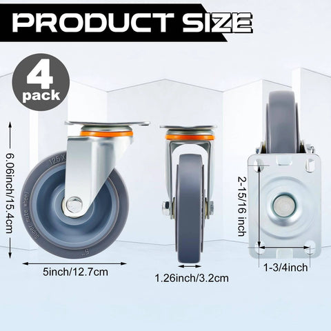 8 Pcs 5 Inch Heavy Duty Caster Wheels Replacement Kit with 4 Swivel and 4 Rigid Industrial Casters showing size measurements.