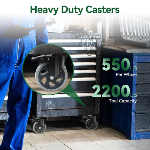 5 Inch Heavy Duty Caster Wheels Set Of 4 With Brakes, Silent Swivel Top Plate Locking Casters, Grey Polyurethane, each 550 lbs capacity, total 2200 lbs, attached to a tool chest.