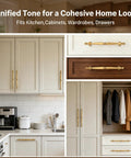 10 Pack 5 Inch Champagne Bronze Cabinet Handles And Drawer Pulls In Brushed Champagne Gold installed on kitchen cabinets and closet doors.