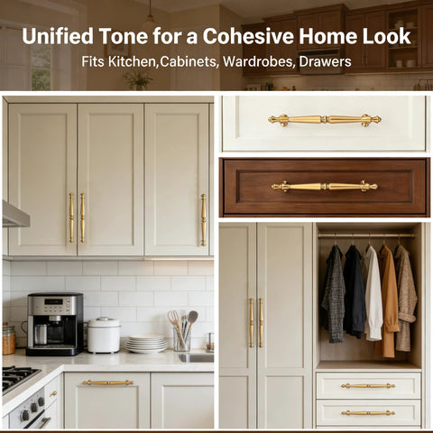 10 Pack 5 Inch Champagne Bronze Cabinet Handles And Drawer Pulls In Brushed Champagne Gold installed on kitchen cabinets and closet doors.