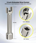One Half Inch Drive Strut Channel Impact Socket Five Inch Deep Cr-V Nickel Plated Crack Resistant 12-Point Double Hex