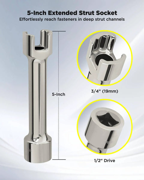 One Half Inch Drive Strut Channel Impact Socket Five Inch Deep Cr-V Nickel Plated Crack Resistant 12-Point Double Hex