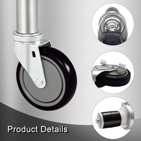 5 Inch Expandable Workbench Caster Wheels Set of 4 with 2 Side Brake Casters, showing detail of heavy-duty PU swivel wheel.