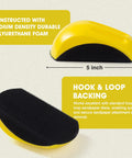 Side view of yellow 5 inch mouse-shaped foam sanding block with hook and loop backing, part of 2 Pack 5 Inch Round And Mouse Shaped Foam Hand Sanding Blocks With Hook And Loop.