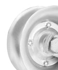 Close-up view of a 5 Inch Gate Roller for 1 5 Eighth Inch Pipe Track, galvanized steel wheel, heavy duty pressed steel construction.