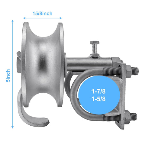 5 Inch Galvanized Steel Pipe Track Wheel Set For Chain Link Sliding Gates with U Bolt, side view showing dimensions.