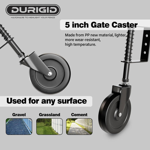 5 Inch Spring Loaded Gate Wheel Caster For Outdoor Gates And Fences, 200 Lbs Capacity, Durable PP Wheel with shock absorbing spring