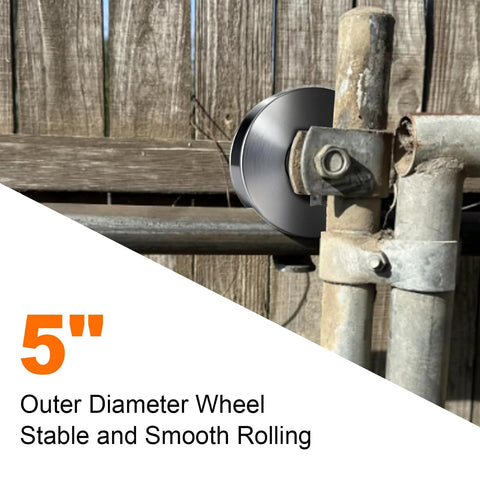 Installed 5-inch sliding gate rollers fits 1-5/8 inch pipe for chain link fence gates replacement rollers in cast steel for smooth operation.