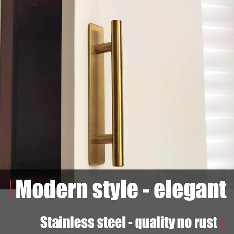 5 Inch Self Adhesive Cabinet Handles Set Of 4 No Drill Door Pulls Modern Stainless Steel Gold Finish installed on a cabinet
