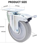 Side view of Pack Of 4 5 Inch Swivel Caster Wheels With Dual Locking Brakes in Gray TPR Rubber, metal housing, product dimensions displayed