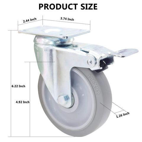 Side view of Pack Of 4 5 Inch Swivel Caster Wheels With Dual Locking Brakes in Gray TPR Rubber, metal housing, product dimensions displayed