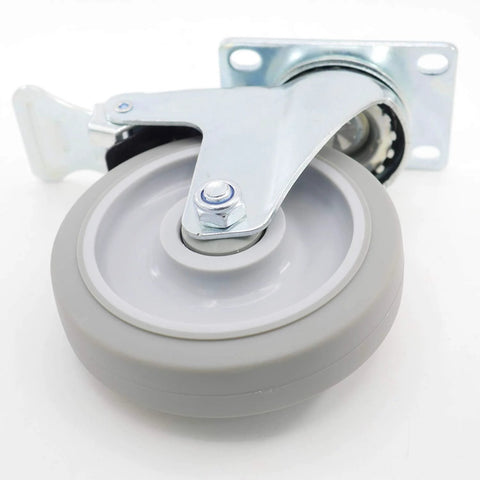 Pack Of 4 5 Inch Swivel Caster Wheels With Dual Locking Brakes In Gray TPR Rubber, showing metal housing and top plate mount