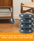 4 Pack 5 Inch Swivel Cart Casters With 7 Sixteenth Inch Metal Nuts Heavy Duty TPR Thermoplastic Rubber Wheels stacked beside a cart
