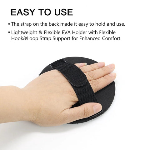 5 Inch Hand Sanding Pad with hook and loop backing, shown on a hand for size reference and flexible strap display