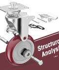 5 inch heavy duty casters with brakes set of 4, double ball bearing non marking wheels disassembled for structural analysis.