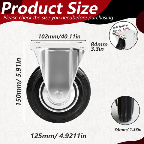 Dimensions and spacing details of 5 Inch Heavy Duty Caster Wheels Set Of 4 With Brakes 360 Degree Swivel Non Marking Polyurethane Rubber Casters