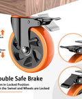 5 inch heavy duty caster wheel with locking swivel plate brakes, stainless steel frame, polyurethane wheel on wood surface