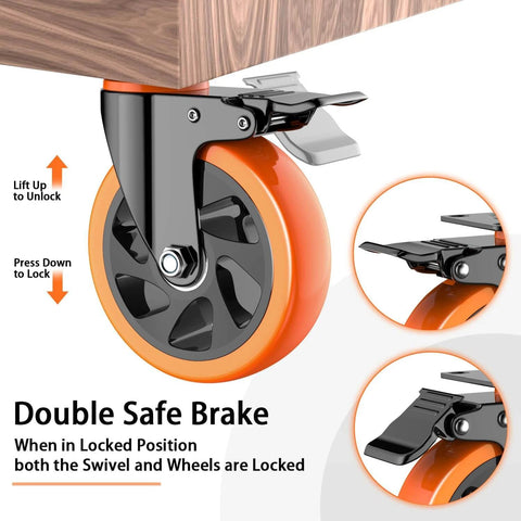 5 inch heavy duty caster wheel with locking swivel plate brakes, stainless steel frame, polyurethane wheel on wood surface