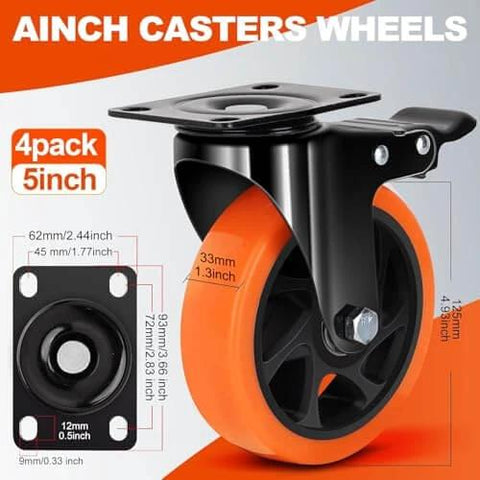 Image of a single orange and black caster wheel with brake, from the set 2 Inch Heavy Duty Locking Caster Wheels Set of 4, 360 Degree Swivel Plate Casters.