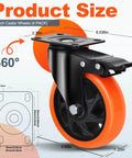 5 Inch Heavy Duty Caster Wheels Set of 4, Silent Swivel Casters with Brakes, dimensions and design details shown